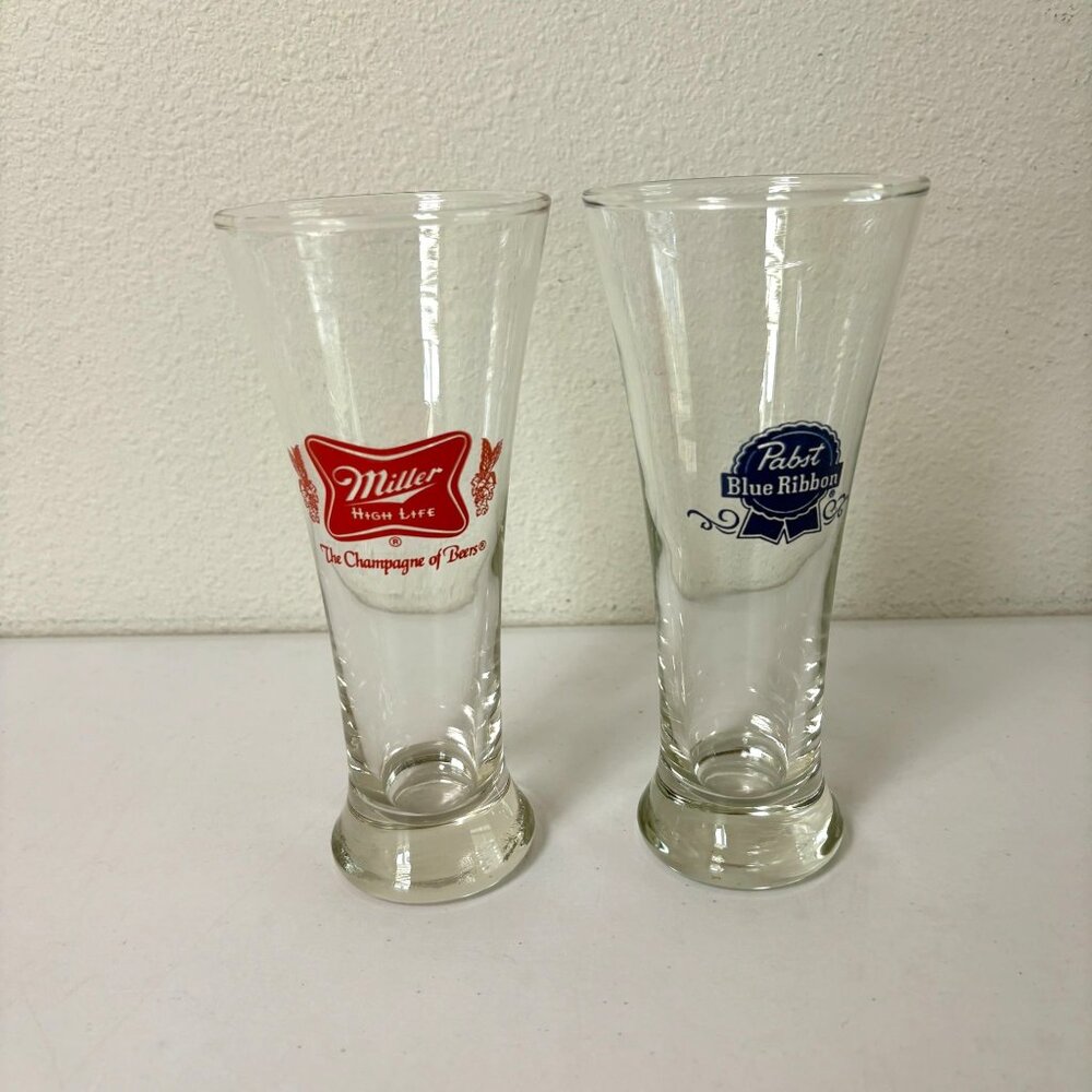 Pabst Blue Ribbon Miller High Life Flared Pilsner Glass Set of 2 Glasses Vintage